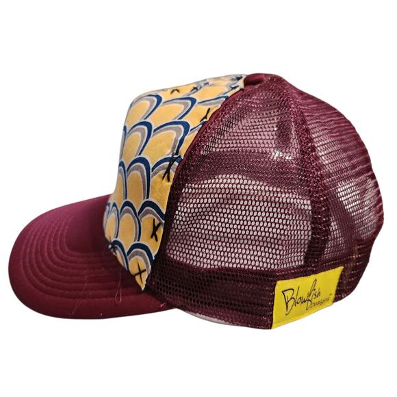 Blowfish Designs Trucker Hat Men's Adjustable Burgundy Yellow Pattern - Picture 3 of 5